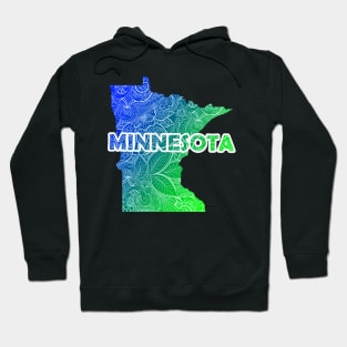 Colorful mandala art map of Minnesota with text in blue and green Hoodie